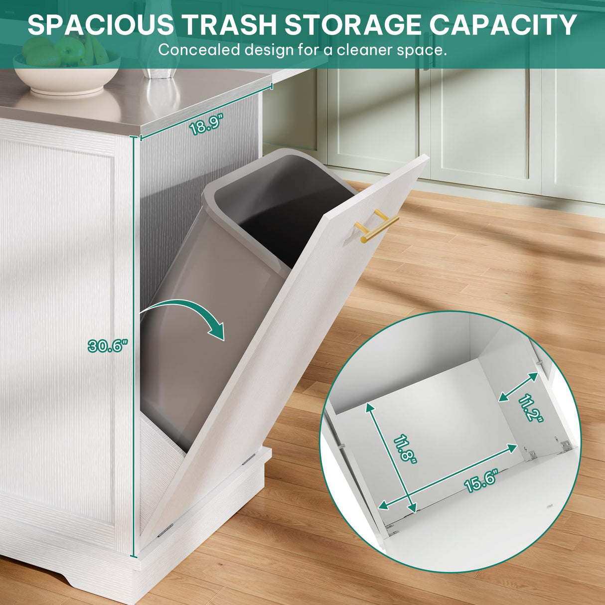 YITAHOME Kitchen Islands with Seating, 47" Mobile Storage Island with Trash Can, Rolling Kitchen Island Cart with Drop Leaf & Stainless Steel Countertop, Bar Table with 2 Stools, Spice Rack, White YITAHOME