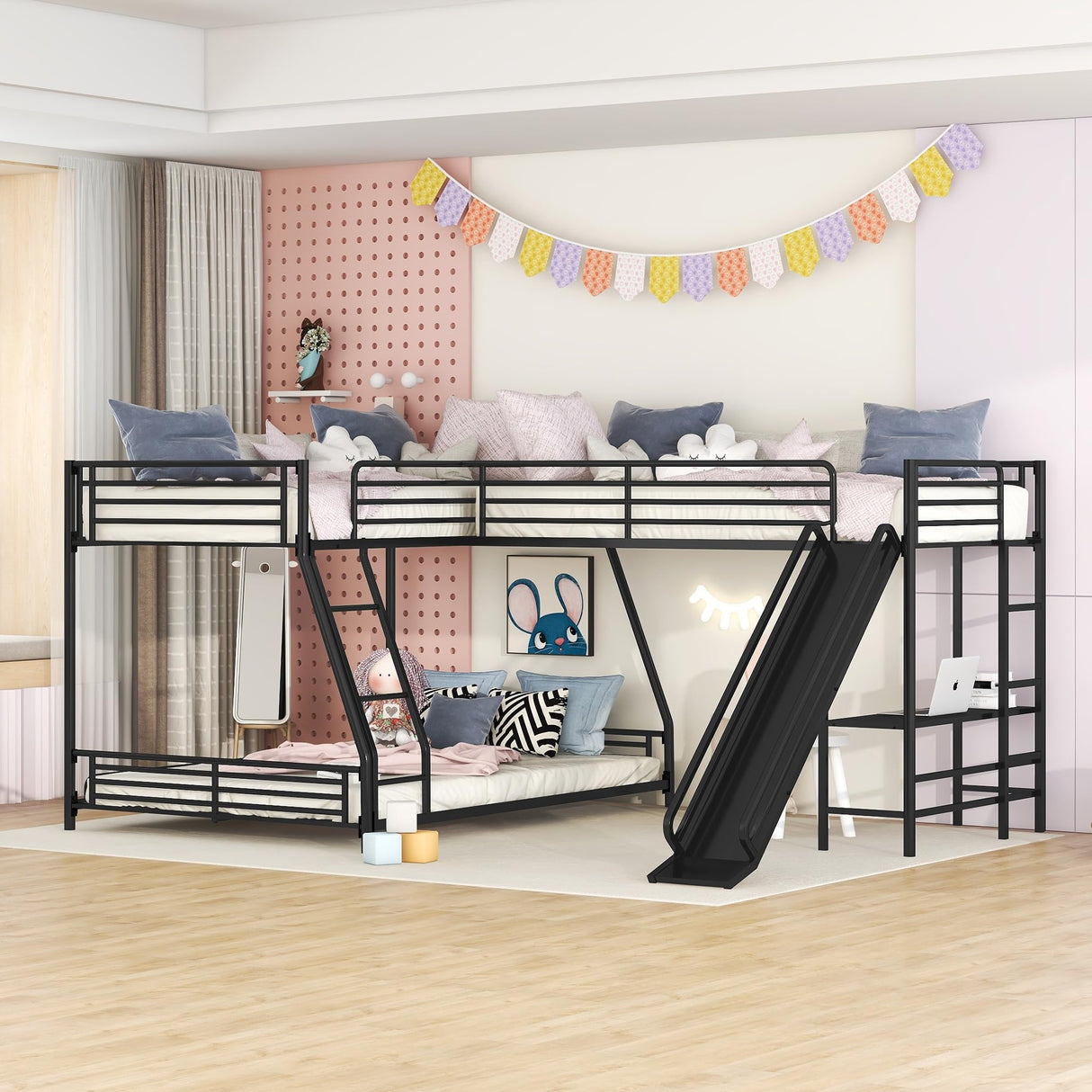 Triple Bunk Beds, L-Shape Twin Over Full Bunk Bed Attached a Loft Bed with Desk, Triple Bunk Beds with Slide, Metal Corner Bunk Bed Frame for Three Kids Boys Girls Teens, Black Bellemave