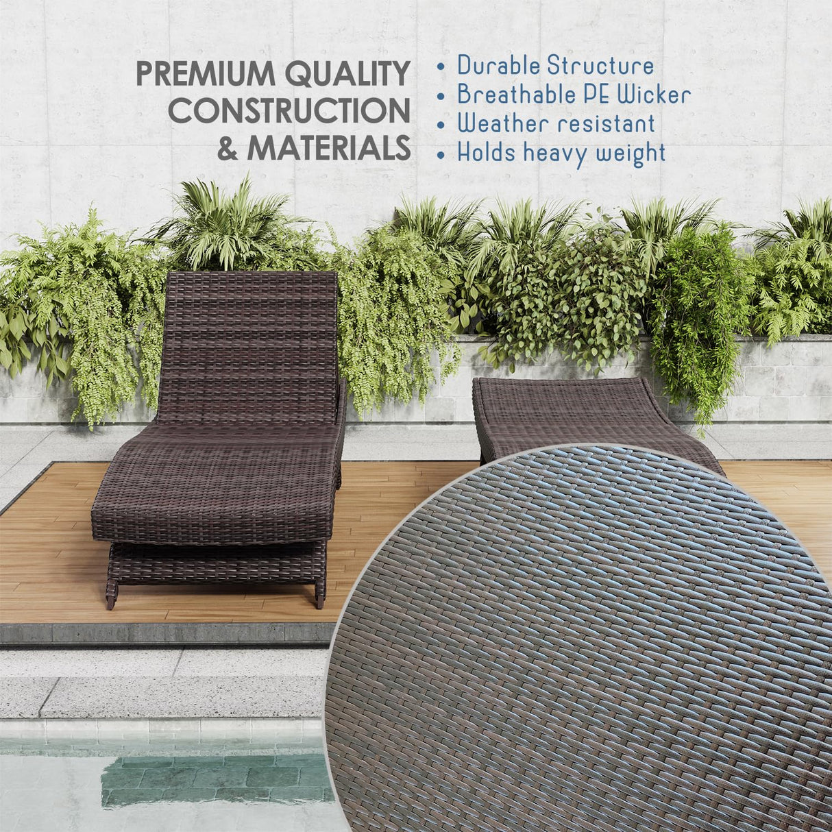 Nestl Chaise Lounge Chair Outdoor Set of 2, Wicker Patio Lounge Chair, Outdoor Lounge Chair with Reclining Backrest Nestl