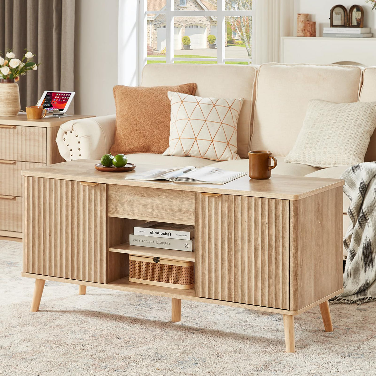 LEYAOYAO 48" Fluted Lift Top Coffee Table with Hidden Storage & Adjustable Shelves, Lifting Tabletop Large Rectangular Coffee Tables, Mid Century Modern Wood Center Table for Living Room, Natural LEYAOYAO