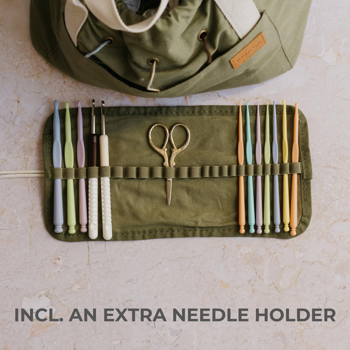 Stylish Crochet Bag Organizer Easily Organizes Your Yarn - Durable Canvas Bag w/ 8 Pockets Stores Plenty of Yarn Skeins & Crocheting Supplies/Accessories - Perfect Basket for Gifting to Knitting Fans KIBAGA