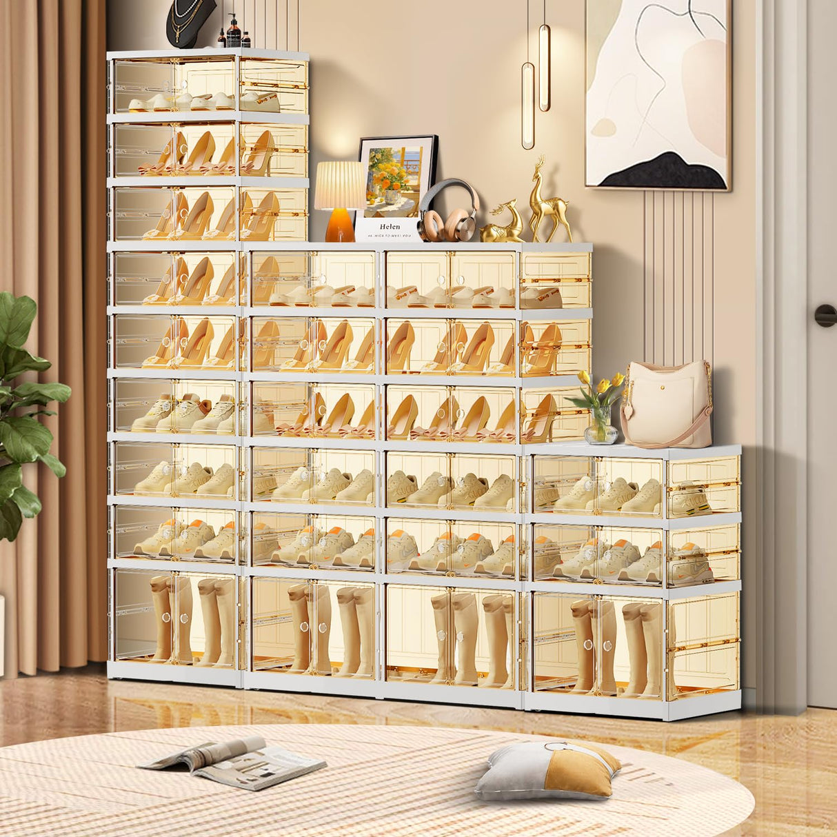 CIMLORD 9 Tier Foldable Shoe Rack for Closet Entryway 18-36 Pairs Stackable Clear Shoe Storage Boxes with Lids Large Shoes Shelf with Door Tall Plastic Organizer Cabinet Easy Assembly CIMLORD