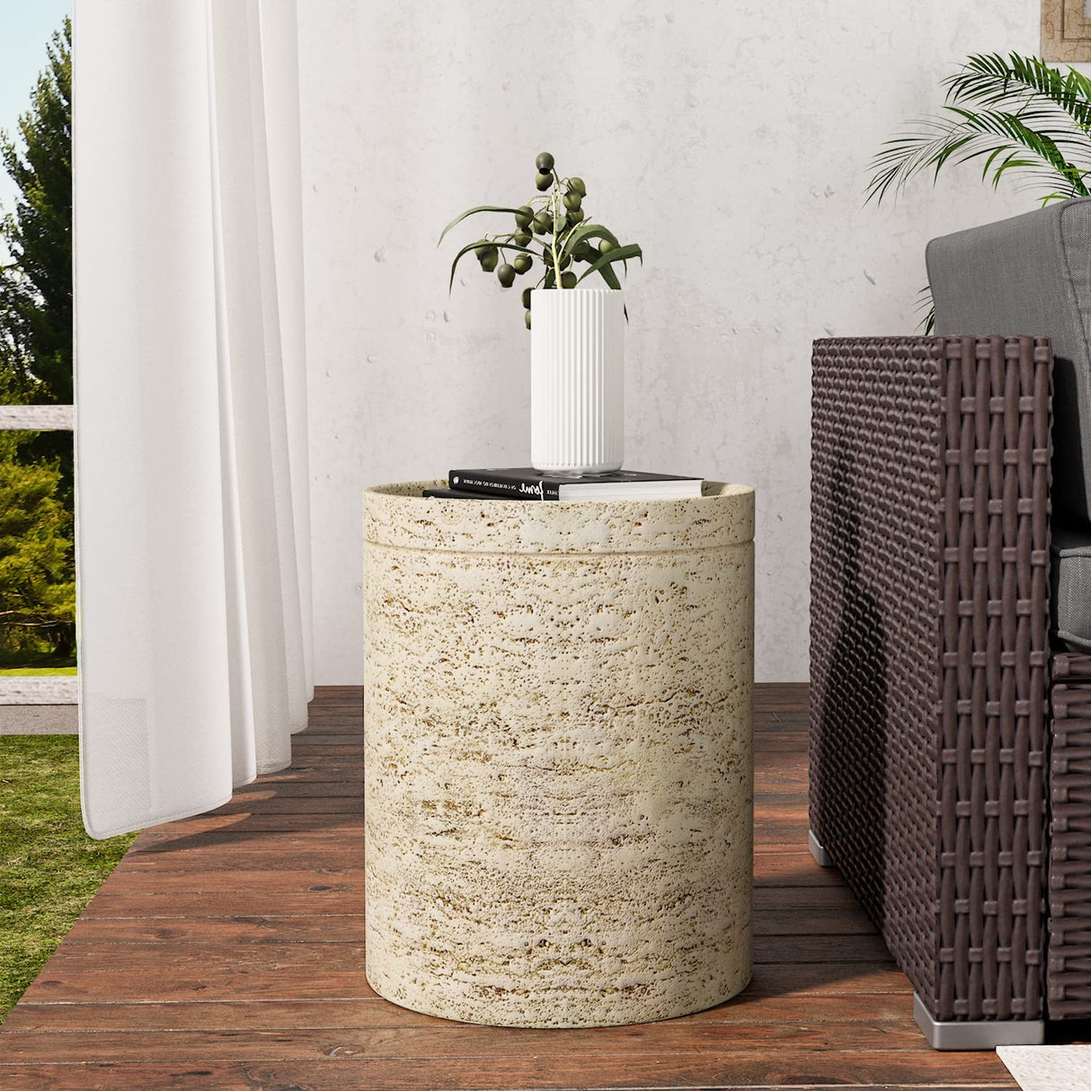 SUNBURY Concrete Side Table Set of 2, Outdoor Side Table for Patio, 14" Outdoor Accent Table Patio Round End Table, Ceramic Garden Stool Log SUNBURY