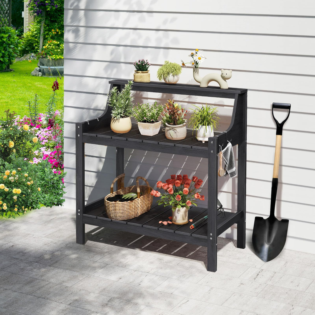 ONBRILL Potting Bench Table, HDPS Potting Bench with 4 Side Hooks, All-Weather Garden Table Work Station, Outdoor Potting Table for Porch, No Rust, No Fade, No Break, 360lbs Capacity (Black, Large) ONBRILL