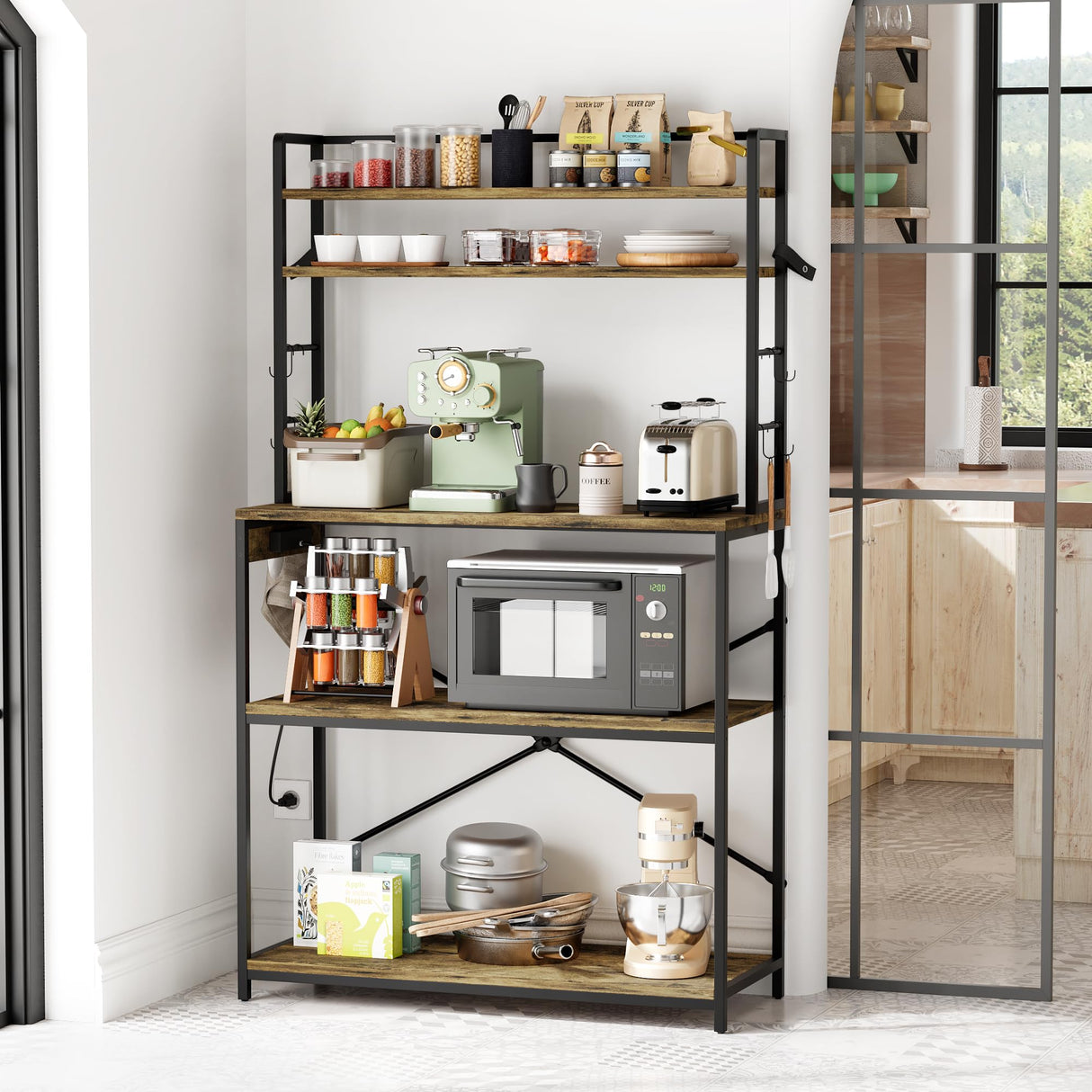 YESHOMY Kitchen Baker’s Rack with Power Outlet, 5-Tier Microwave Stand, Coffee Bar with 8 S-Shaped Hooks, Heavy Duty Storage Shelf Unit for Spices, Pots, Rustic Brown YESHOMY