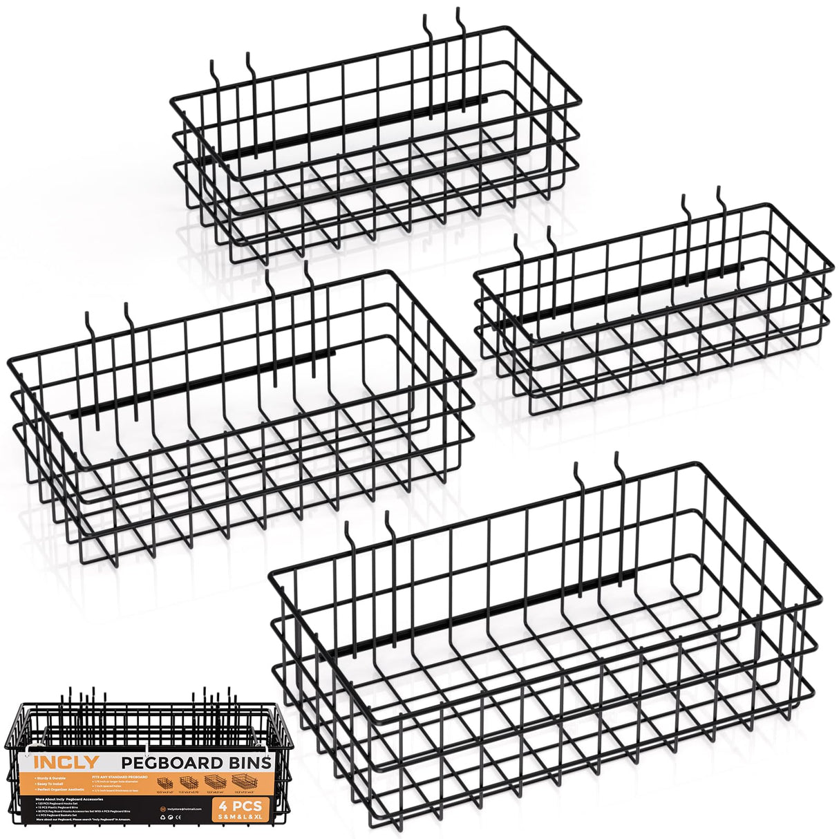 INCLY 4 Pack Pegboard Baskets Bins Set, 4 Size Square Style Black Metal Wire Basket for Any Peg Board Organizing Tools, Pegboard Accessories for Workbench Garage Wall Storage Attachments INCLY