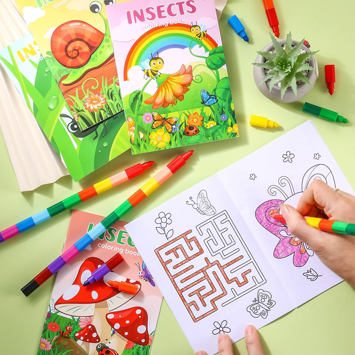 BenLouis 12 Insects Mini Coloring Books Kids with 12 Stacking Crayons Spring Bugs Party Favors Small Activity Books Bulk for Kids Butterfly Bee Party Gift Goodie Bag Stuffers BenLouis