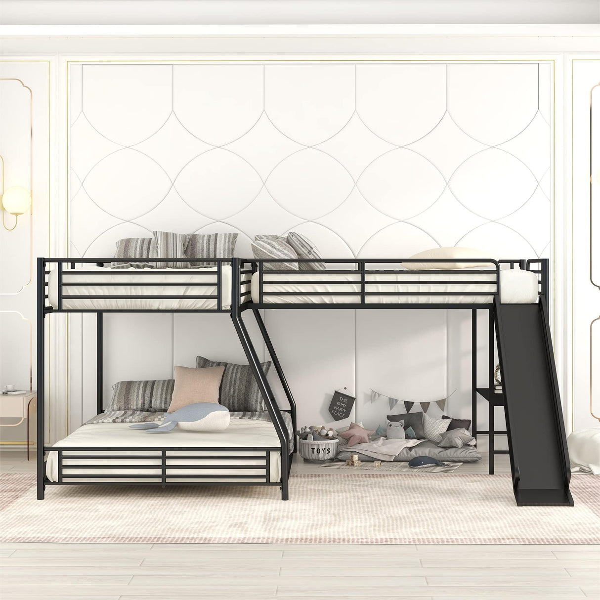 Harper & Bright Designs L-Shaped Triple Bunk Bed, Twin Over Full Bunk Bed with Twin Size Loft Bed for 3, Built-in Desk and Slide, 3 Bed Bunk Beds, Black Harper & Bright Designs