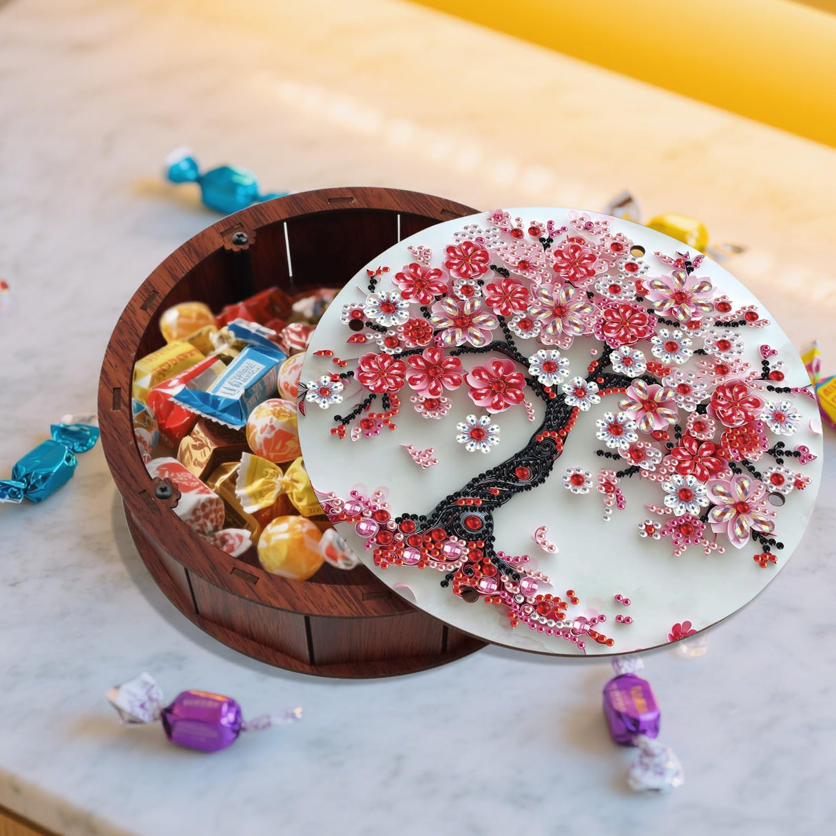 antor 5D Diamond Painting Snack Storage Box – Cherry Blossom Tree Design Round Wooden Container with Lid – Floral Elegant Crystal Rhinestone Art Craft Gift for Adults antor