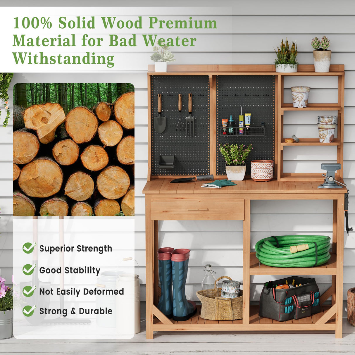 Wooden Potting Benches for Outside, Large Garden Potting Table with Drawers, Outdoor Work Bench with Storage, Holey Board and Hooks, Garden Plant Workbench Patio Workstation for Backyard, Natural Hipicute