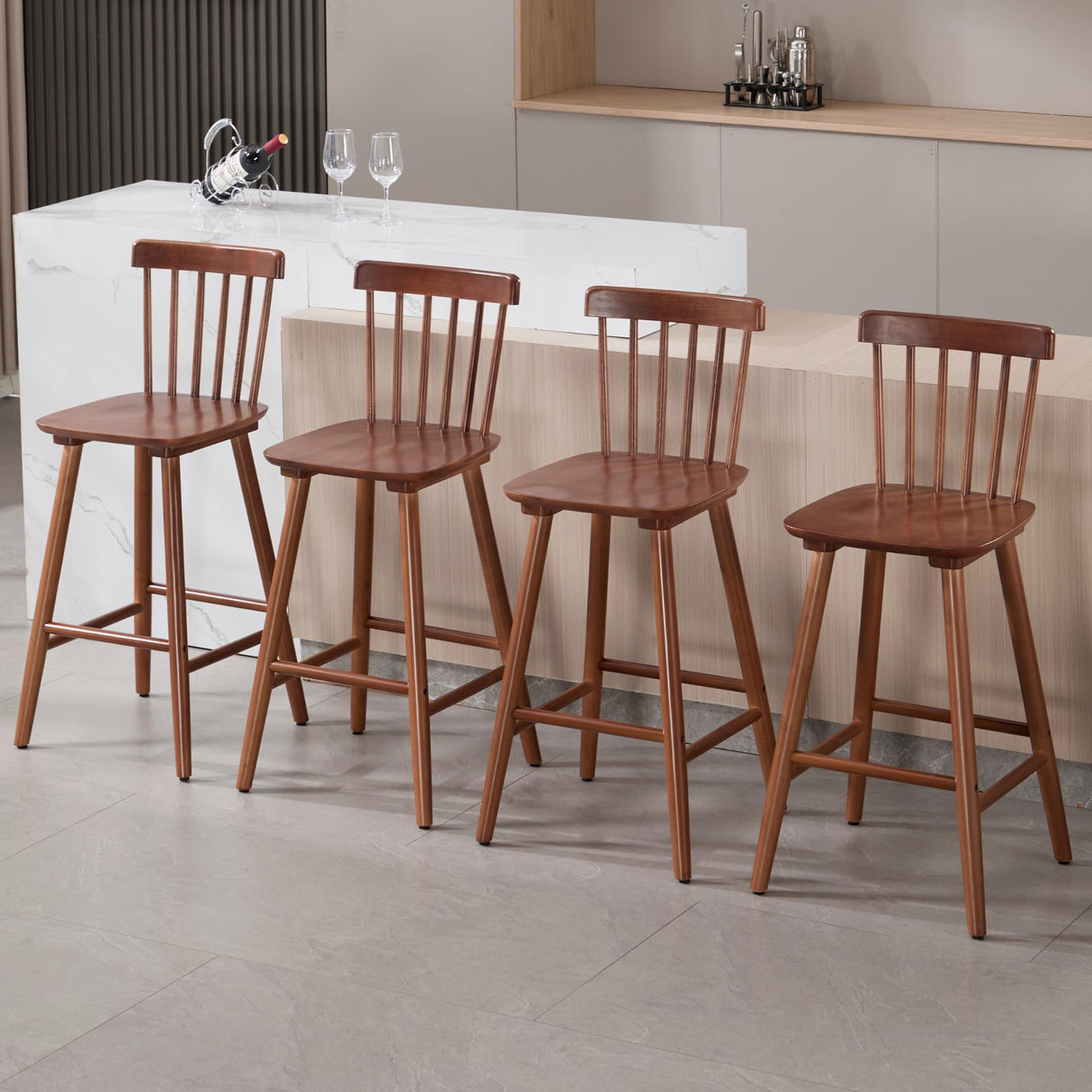 Janoray 26 Inch Bar Stools Set of 2 Windsor Barstools Farmhouse Wooden Counter Height Barstool with Spindle Back Armless Barchair for Kitchen Island/Pub/Cafe/Outdoor, Walnut Janoray