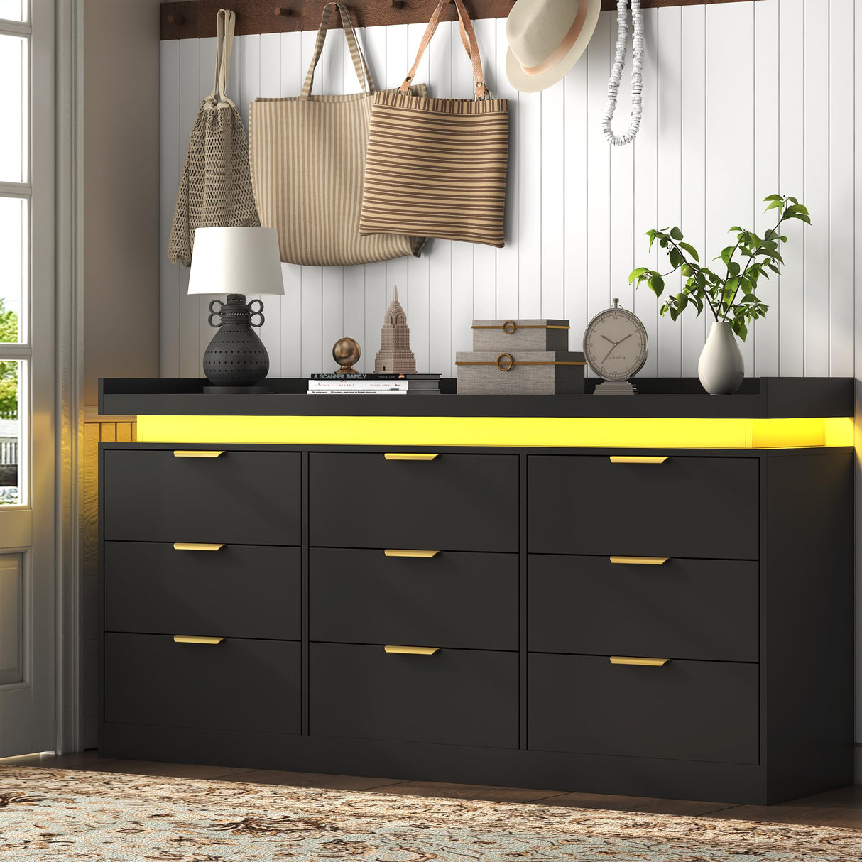 UNIQUITE 9 Drawer Dressers for Bedroom, Black Dresser with LED Light and Power Outlet, Modern Large Dresser & Chests of Drawers, Wood Triple Wide Dressers for Bedroom, Living Room, Entryway, Hallway UNIQUITE