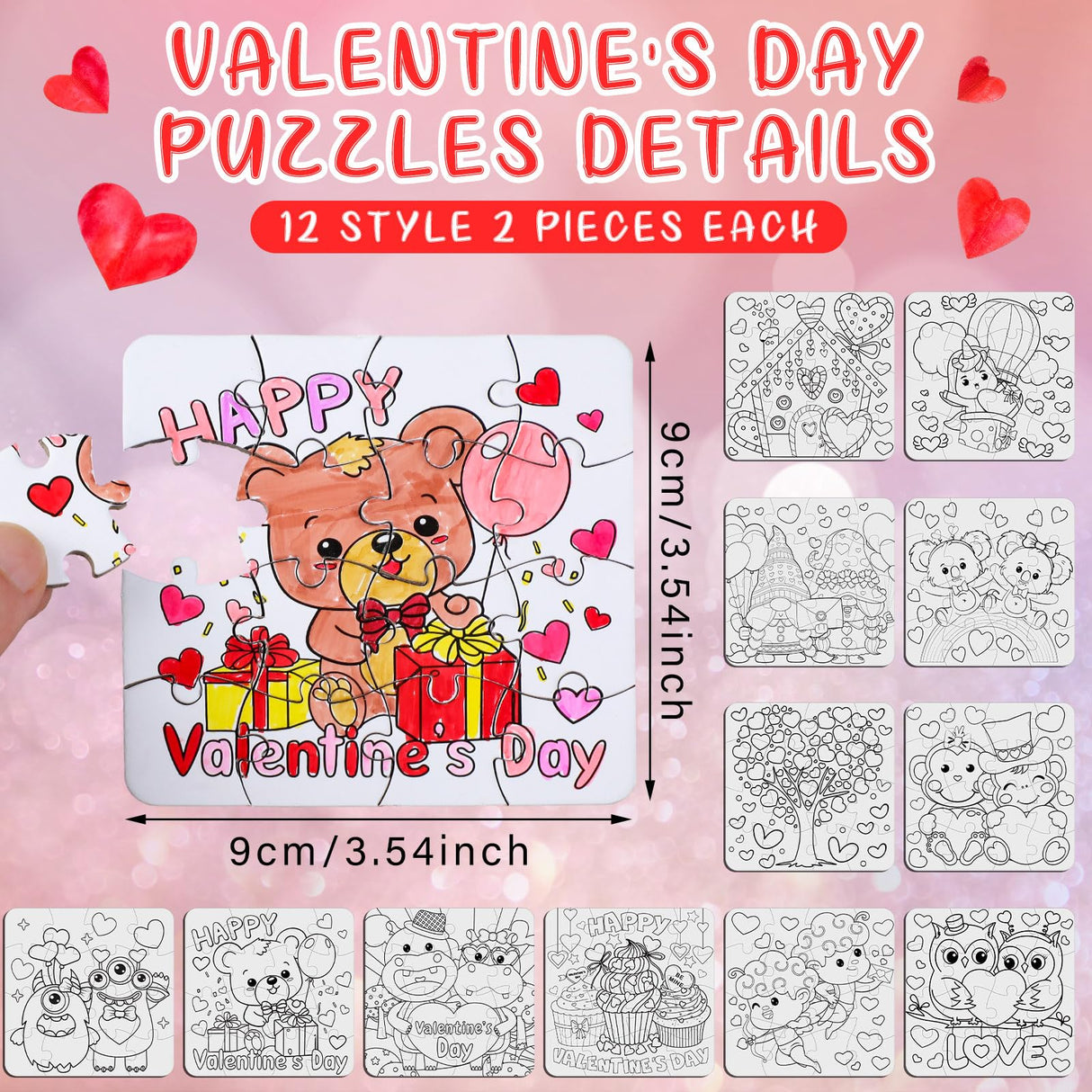 Realspring 24 Pack Color Your Own Valentine's Day Jigsaw Puzzles for Kids Coloring DIY Valentine Day Puzzle Paper Party Favors Gift Valentines Classroom Activities Educational Puzzles Jigsaw Game Toy Realspring