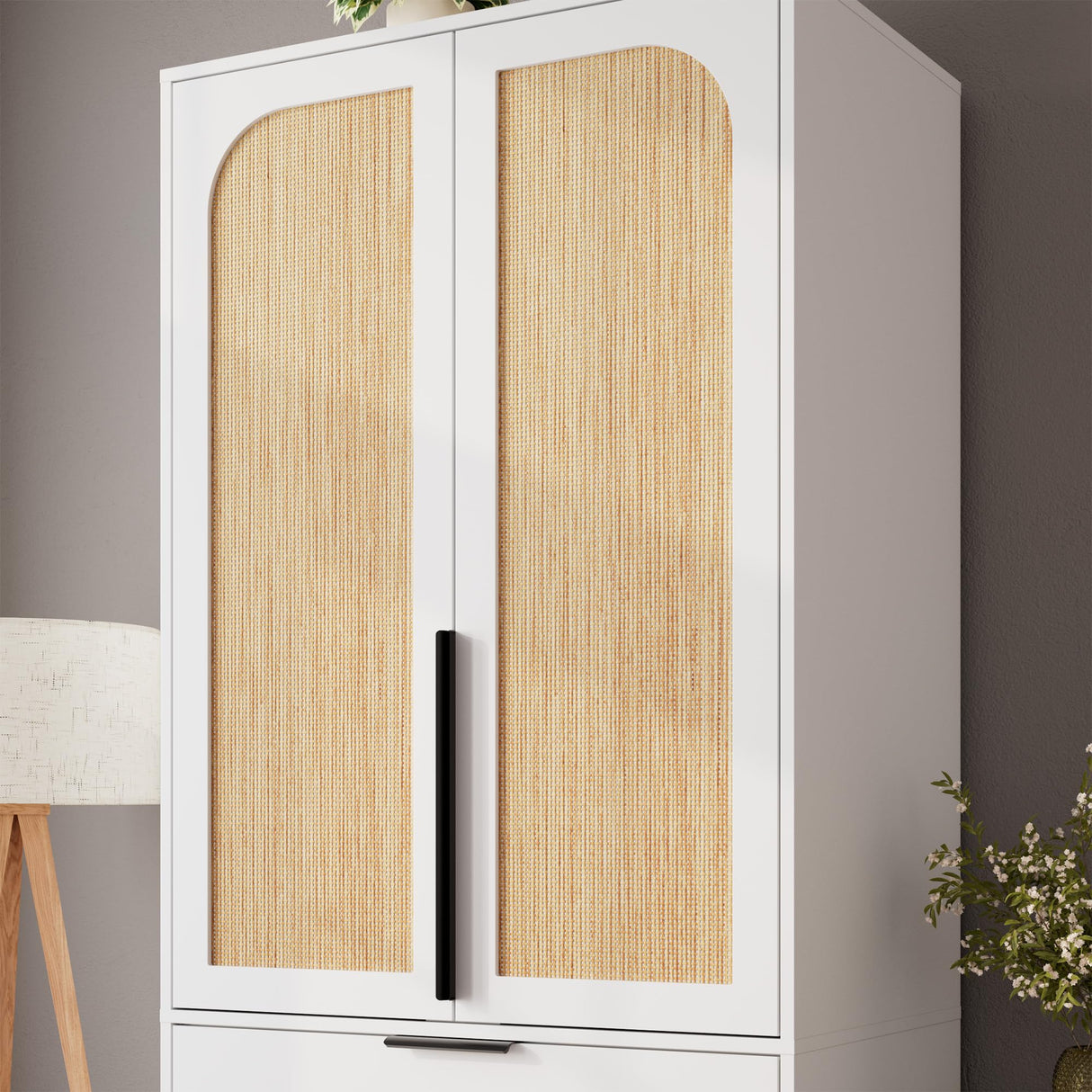 GarveeHome Armoire Wardrobe Closet, 69.5 in Wooden Wardrobe Cabinet with 3 Drawers, Hanging Rod, 2 Doors Clothing Storage Cabinet for Bedroom, Large Capacity Storage, Rattan Door, White GarveeHome