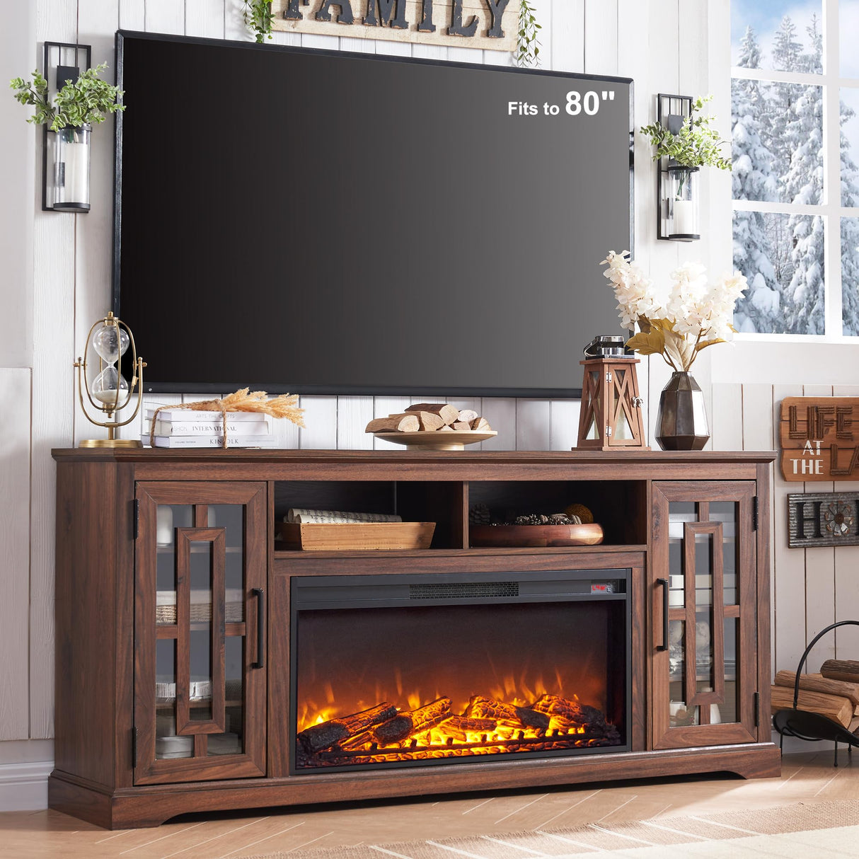 JXQTLINGMU Fireplace TV Stand with 36" Electric Fireplace for 75 80 Inch TV, Farmhouse 32" Tall Highboy Entertainment Center w/6 Shelves, Modern Media Console Storage Cabinet for Living Room, Brown JXQTLINGMU