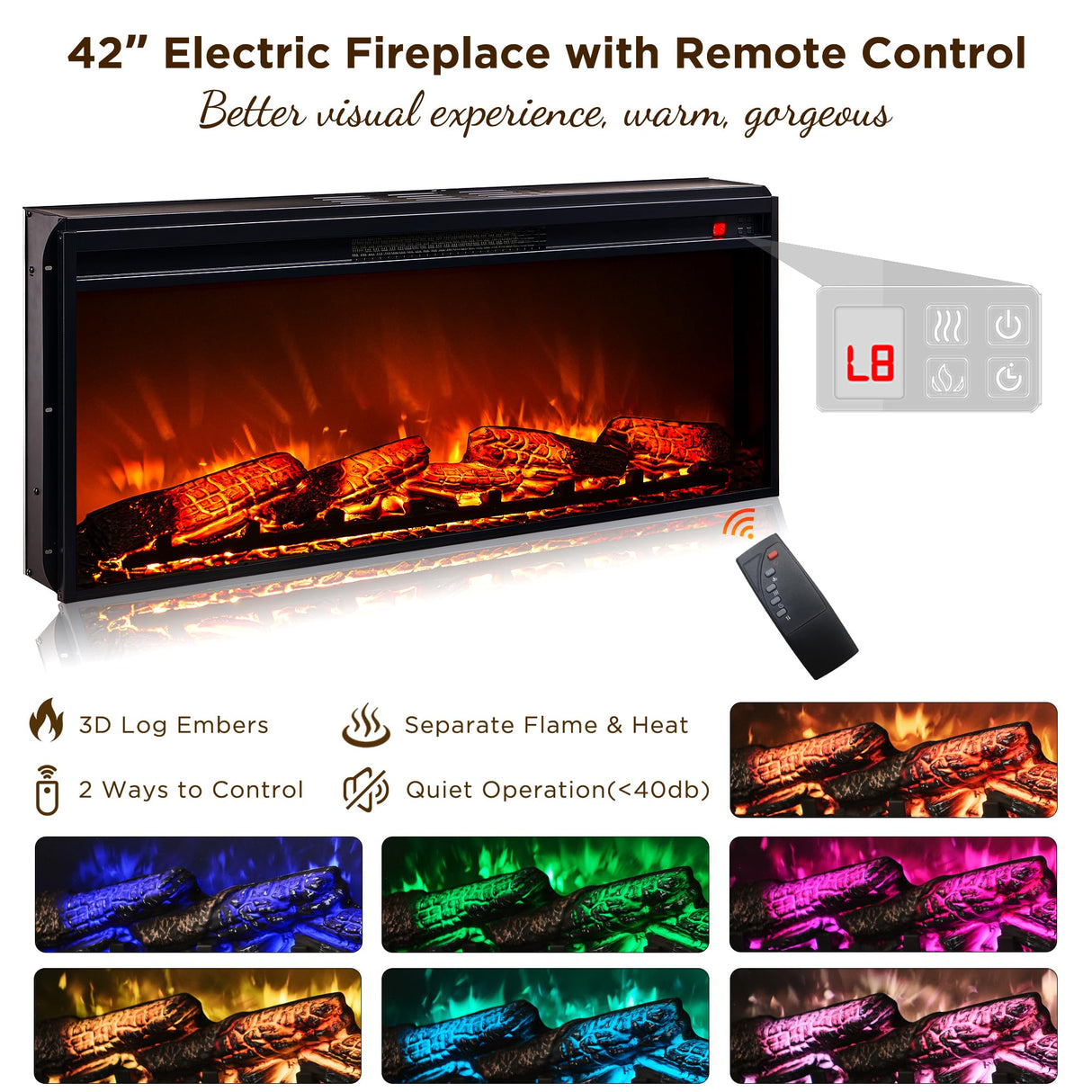 OKD TV Stand with Fireplace for up-to-80 TV, Farmhouse 72" Entertainment Center with 42" Electric Fireplace, TV Console with Glass Door Cabinets & Drawers for Living Room, Antique Brush White OKD