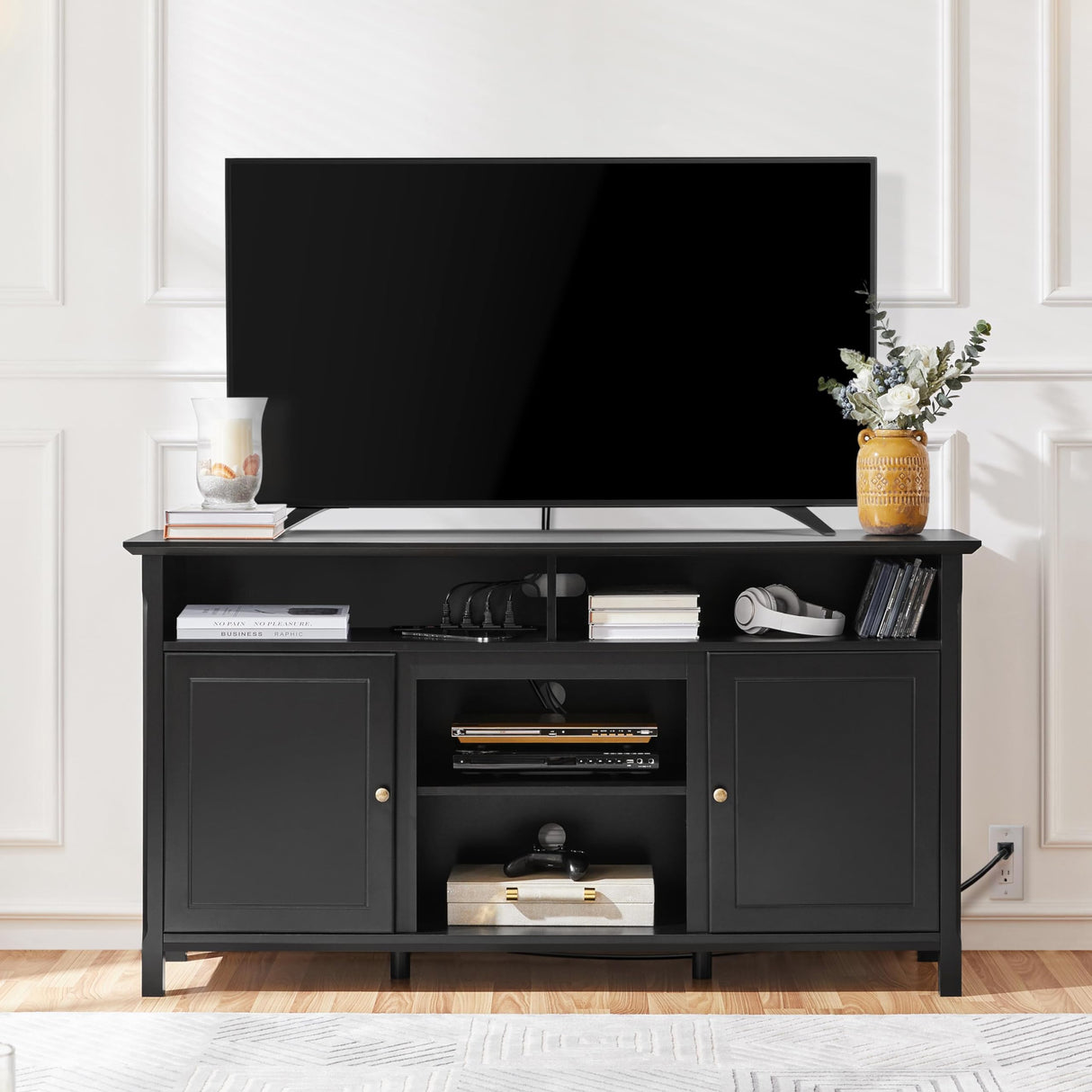 Yaheetech Black TV Stand with Doors for TVs up to 65 in, Modern TV Console with Power Outlet & Storage Shelf, Mid-Century Entertainment Center for Living Room, 31 in Tall Yaheetech