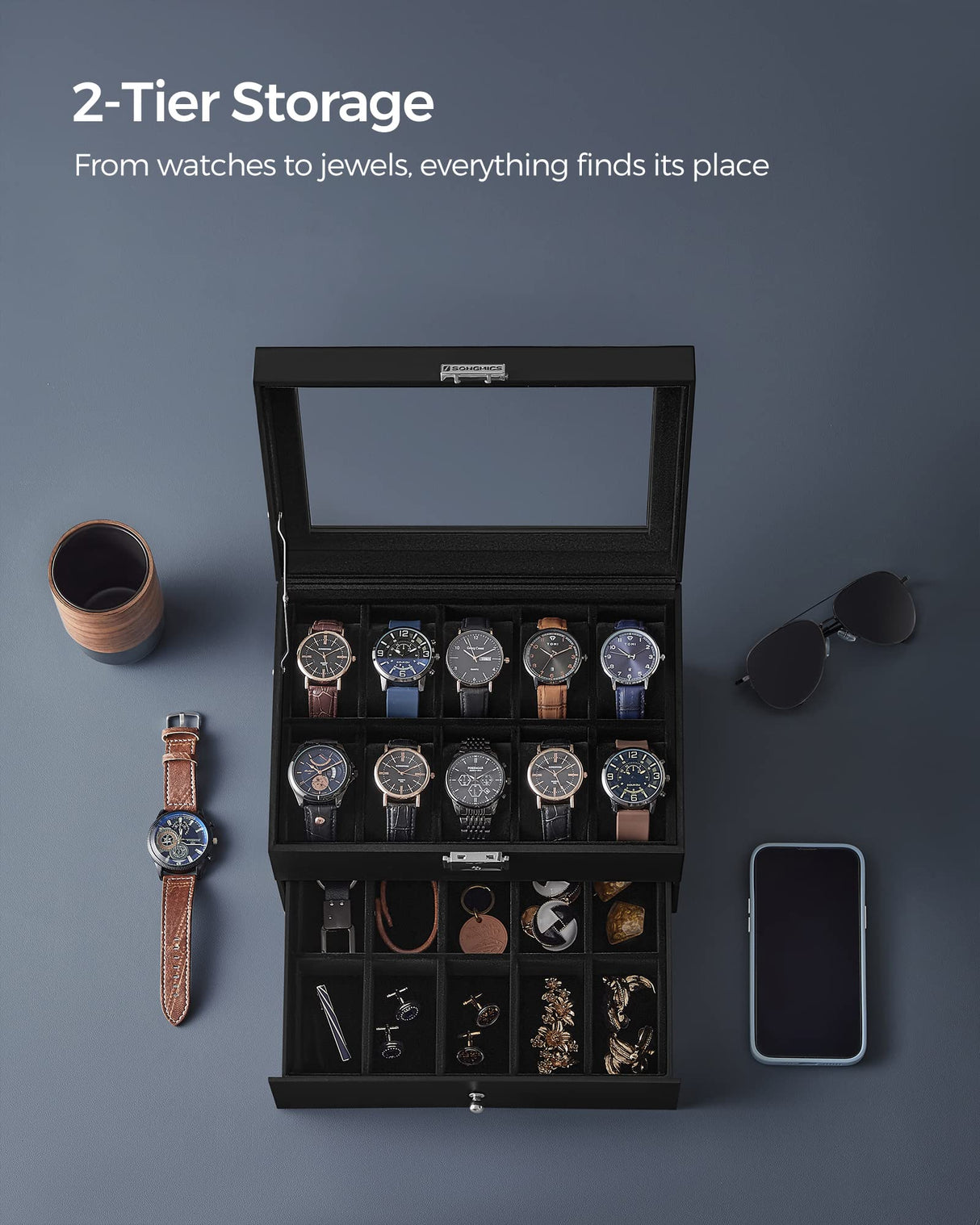 SONGMICS 20-Slot Watch Box, Watch Case with Glass Lid, 2 Layers, Lockable Watch Display Case, Black Synthetic Leather, Black Lining UJWB020B01 SONGMICS