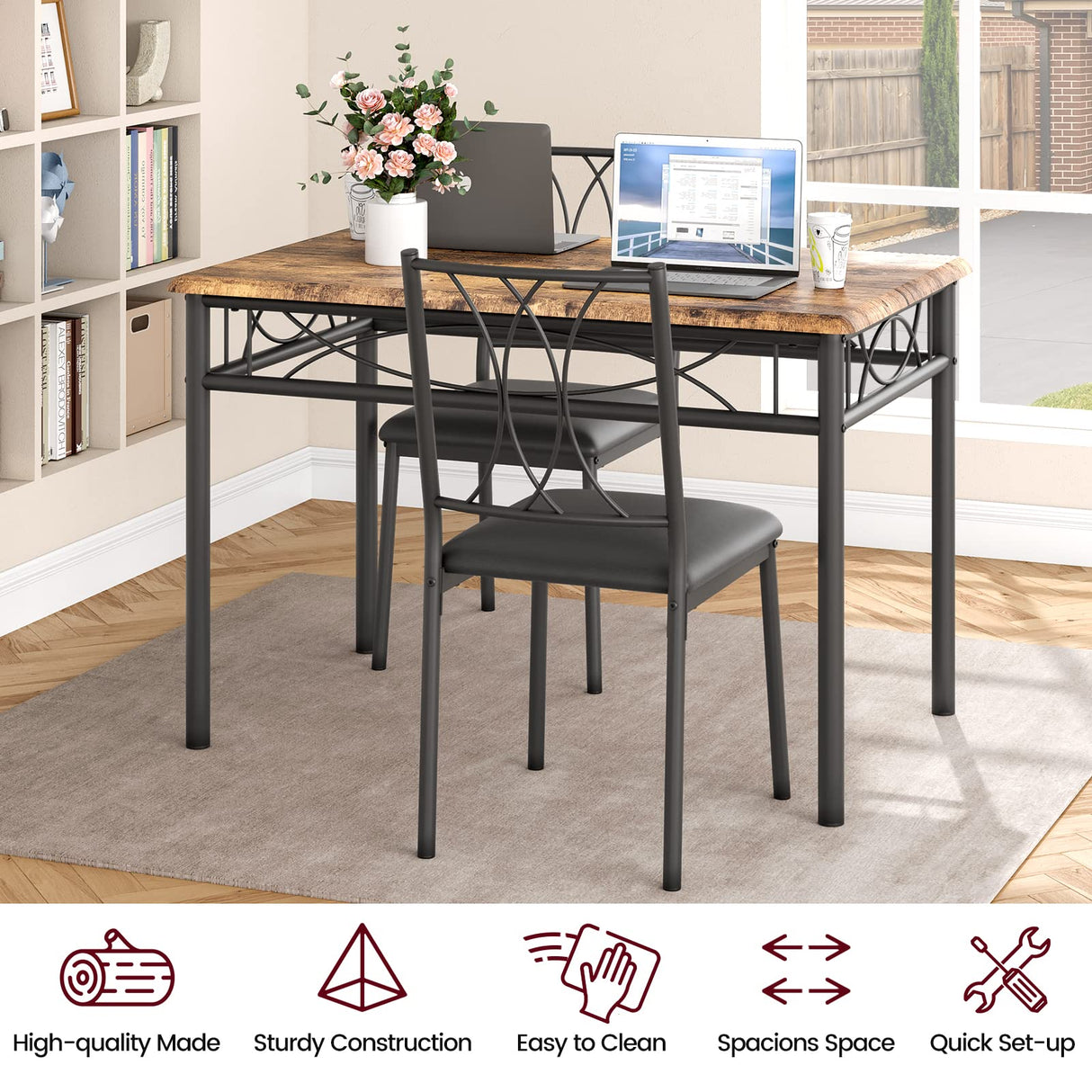 CABIHOME Dining Table Set, 5 Piece Dining Table Set for 4, Rectangle Kitchen Table Set with 4 Upholstered Chairs, Dining Table Set for Small Space, Apartment, Retro Brown CABIHOME