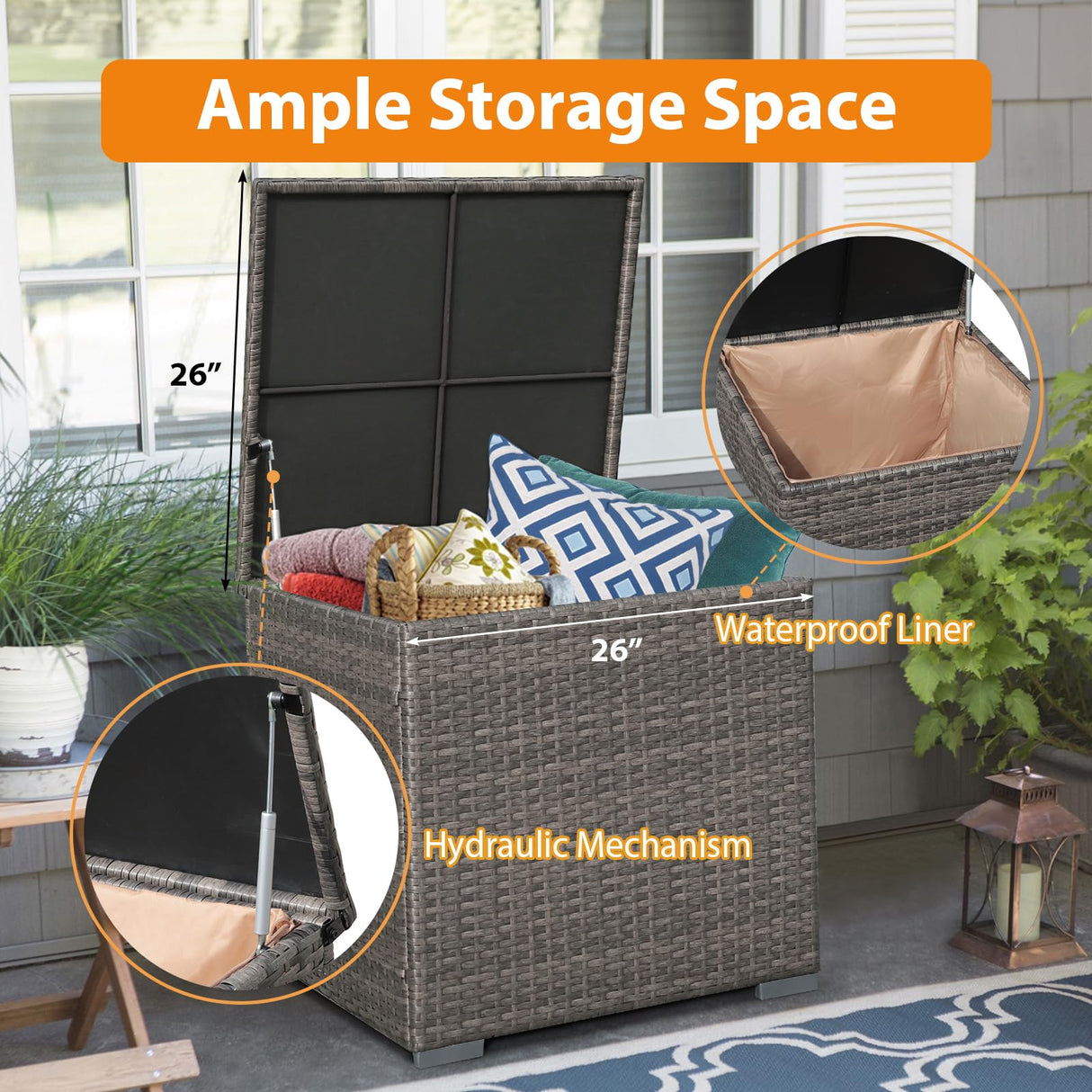 Super Patio 8 Pieces Outdoor Patio Furniture Set with 45” Fire Pit Table, Rattan Patio Conversation Sets with 50000 BTU Gas Fire Pit, Sectional Sofa Set with Storage Box, Navy Blue (Without Table) Super Patio