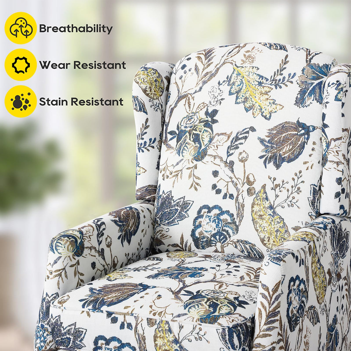 Consofa Upholstered Wingback Recliner Chair - Traditional Push Back Recliner Chair with Padded Seat, Fabric Floral Recliner Wingback Chair, Mid Century Modern Armchair for Living Room Consofa