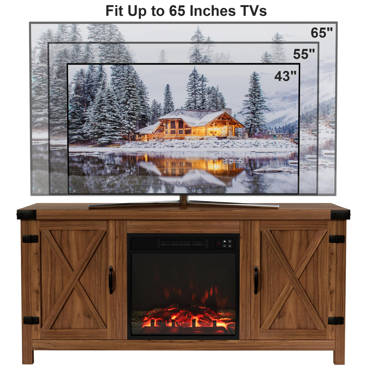 Furmax Fireplace TV Stand for Up to 65 Inches TVs, Farmhouse Entertainment Center with Grooved Barn Doors, Rustic Media Console Table with Storage Cabinets for Living Room (Barnwood) Furmax