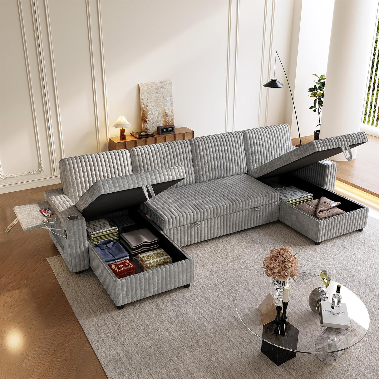 Sleeper Sectional Sofa, 122" Modern U Shaped Couch with Pull Out Bed, Convertible Corduroy Cloud Sofa with Double Storage Chaise, USB, Small Desktop, Comfy Modular Couch for Living Room, Light Grey ZHCREAL