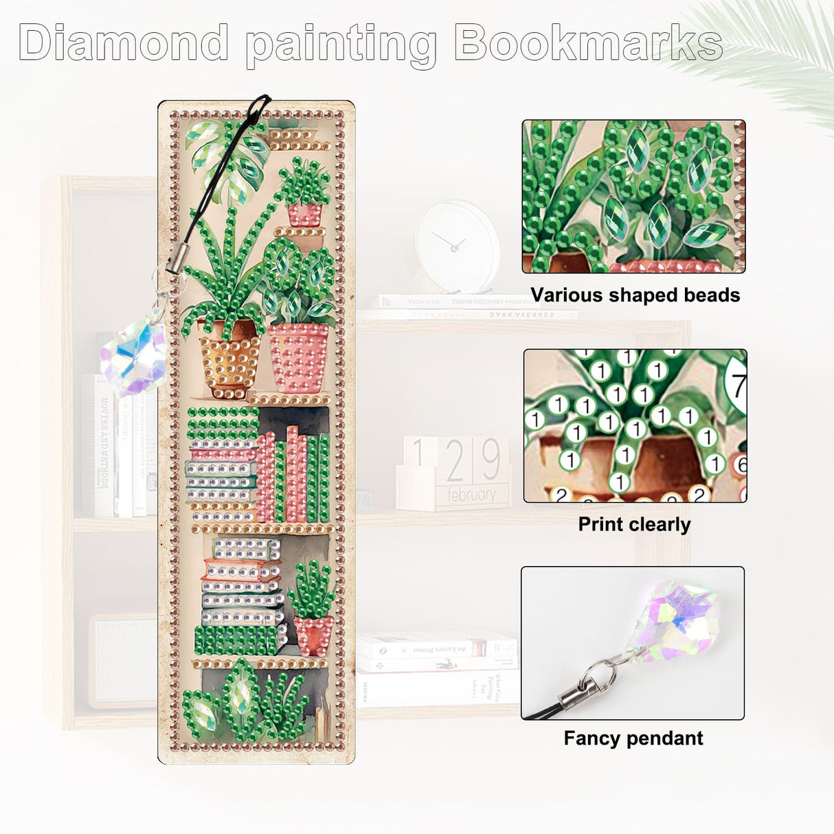 4 Pieces Diamond Painting Bookmarks for Adults Plant Bookshelf Design 5D Rhinestone Art Bookmark Kits Beautiful DIY Diamond Art Bookmarks with Tassels Crafts Gifts Supplies AiYuanzsh