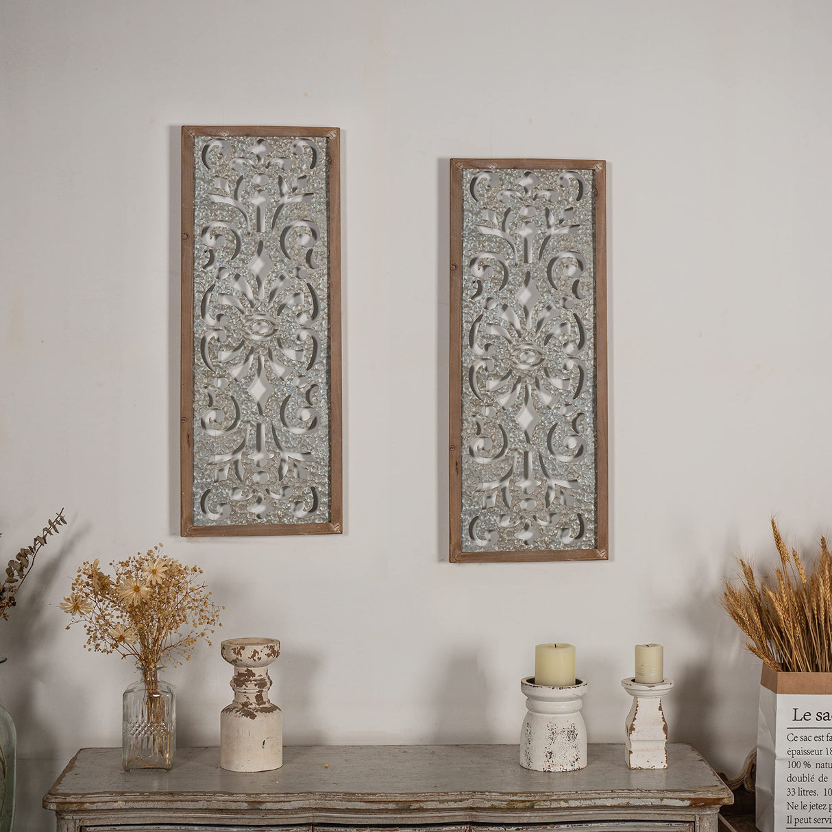 Sintosin Farmhouse Galvanized Wall Decor, 12" x 32", Hanging Window Pane, Wood & Metal Wall Art, Steel Sheet Wall Sculpture, Decorative Wall Panel for Living Room Fireplace Sintosin