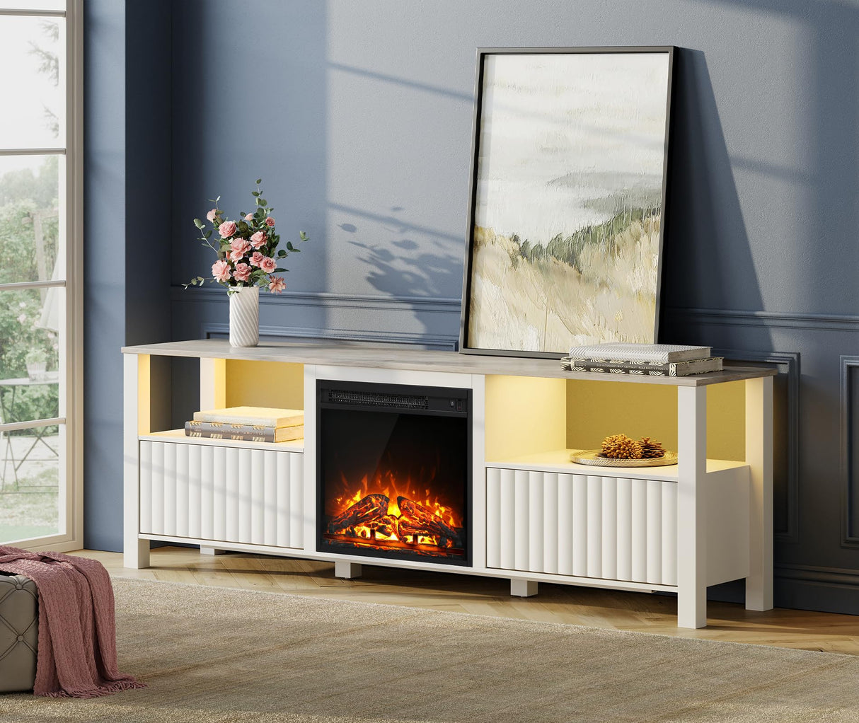 WAMPAT Living Room Table Set of 3, Modern Fireplace TV Stand for 75 inch TV with 5 Storages, 2 Wood End Table LED Night Stand with Door for Living Room, Bedroom, White WAMPAT