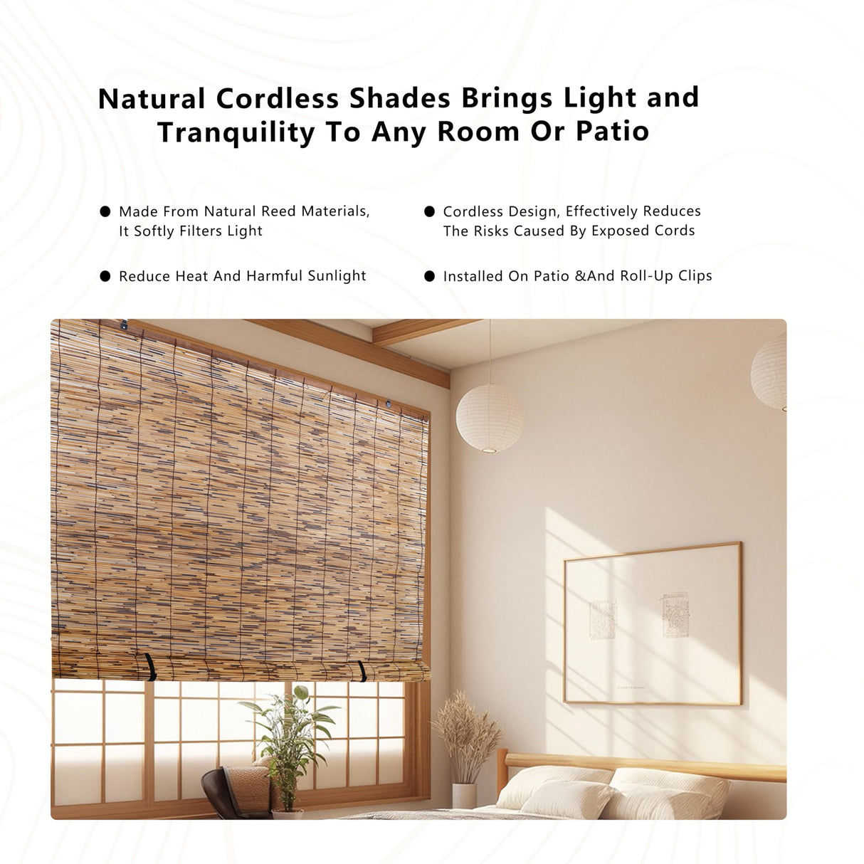 Gardgue Cordless Reed Blinds, 48" W x 72" L Bamboo Roll Up Shade, Privacy Screen Waterproof Roller Shades for Porch, Bamboo Windows Curtain for Indoor, Patio Gardgue