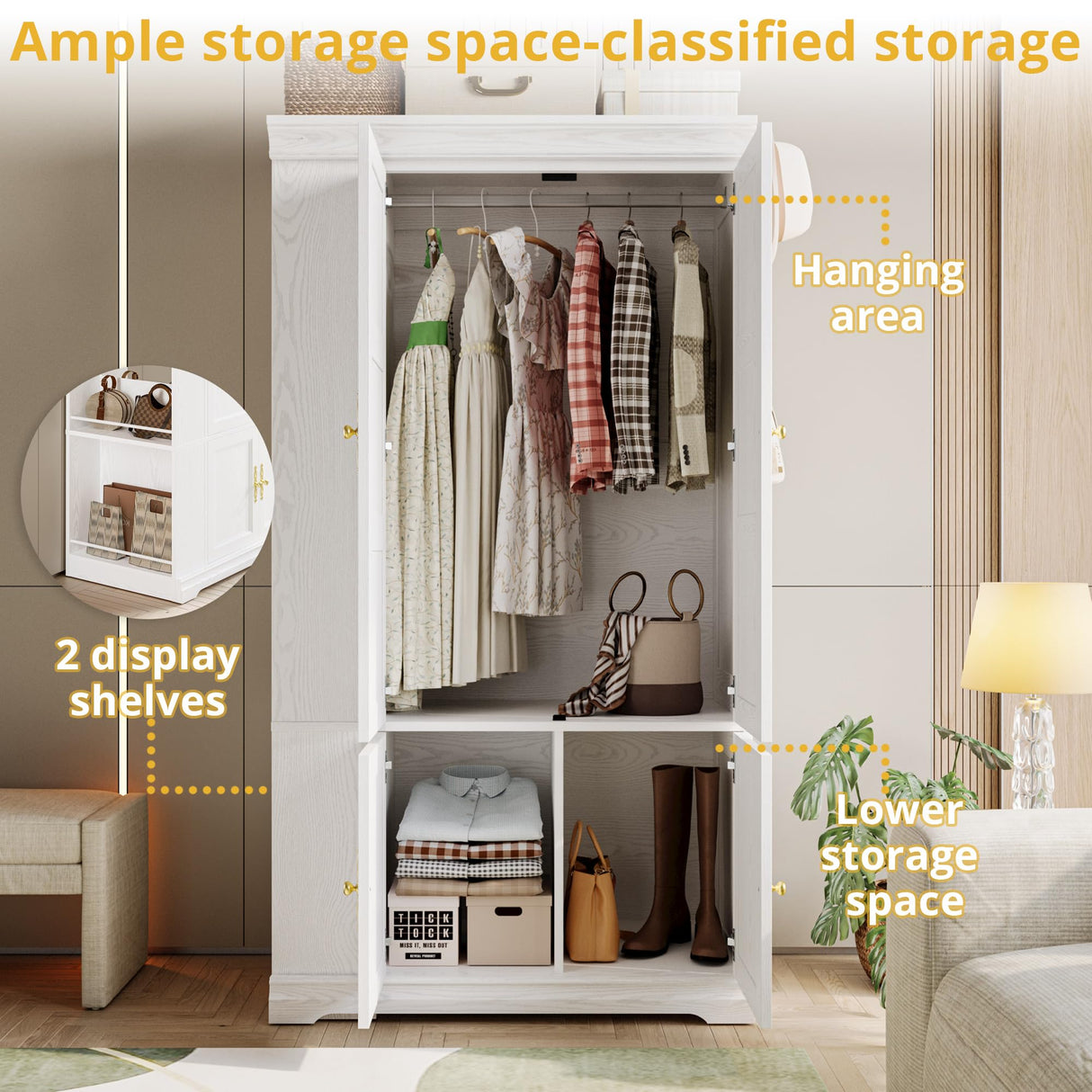 LIKIMIO Armoire Wardrobe Closet with Mirror, 70” Wooden Wardrobe Cabinet with 4 Doors, 2 Open Storage Shelves, Freestanding Bedroom Armoire with 3 Hooks & Hanging Rod for Home Room, White LIKIMIO