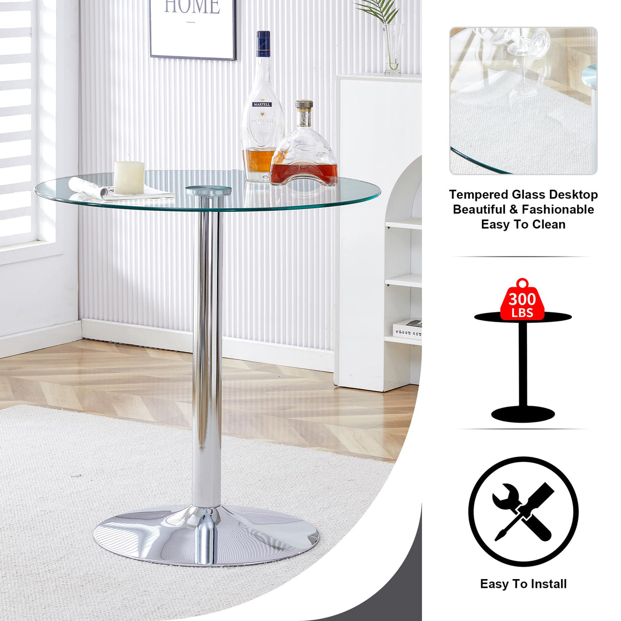 LUFTUT Round Glass Bar Height Table,35" Round Counter Height Table with Tempered Glass Tabletop,Sturdy Silver Chrome Pole Support,Clear Round Pub Tables for Small Space,Kitchen,Bistro(36" H LUFTUT