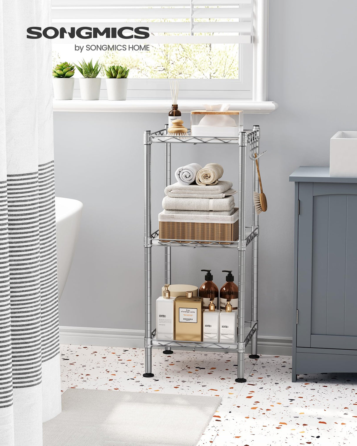 SONGMICS 3-Tier Bathroom Shelf, Storage Rack for Small Space, with 3 PP Shelf Liners, Removable Hook, Extendable Design, Silver and Translucent ULGR103E01 SONGMICS