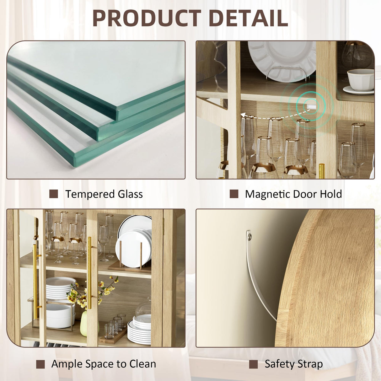 Vlsrka 71" Arched Curio Cabinet with Glass Doors, 4-Shelves Display Cabinet and 2 Drawers, Display Case with 3 Color Lights, Tall Bookcase, Kitchen Pantry, Wood Color Vlsrka