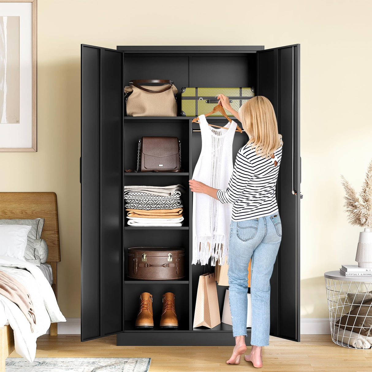 Metal Wardrobe Cabinet with Lock,72" Armoire Closet with Hanging Rod,Lockable Storage Locker,Black Storage Cabinet with Locking Doors,Garage Closet,Steel Wardrobe for Home,Bedroom,Office,Employee,Shop SISESOL