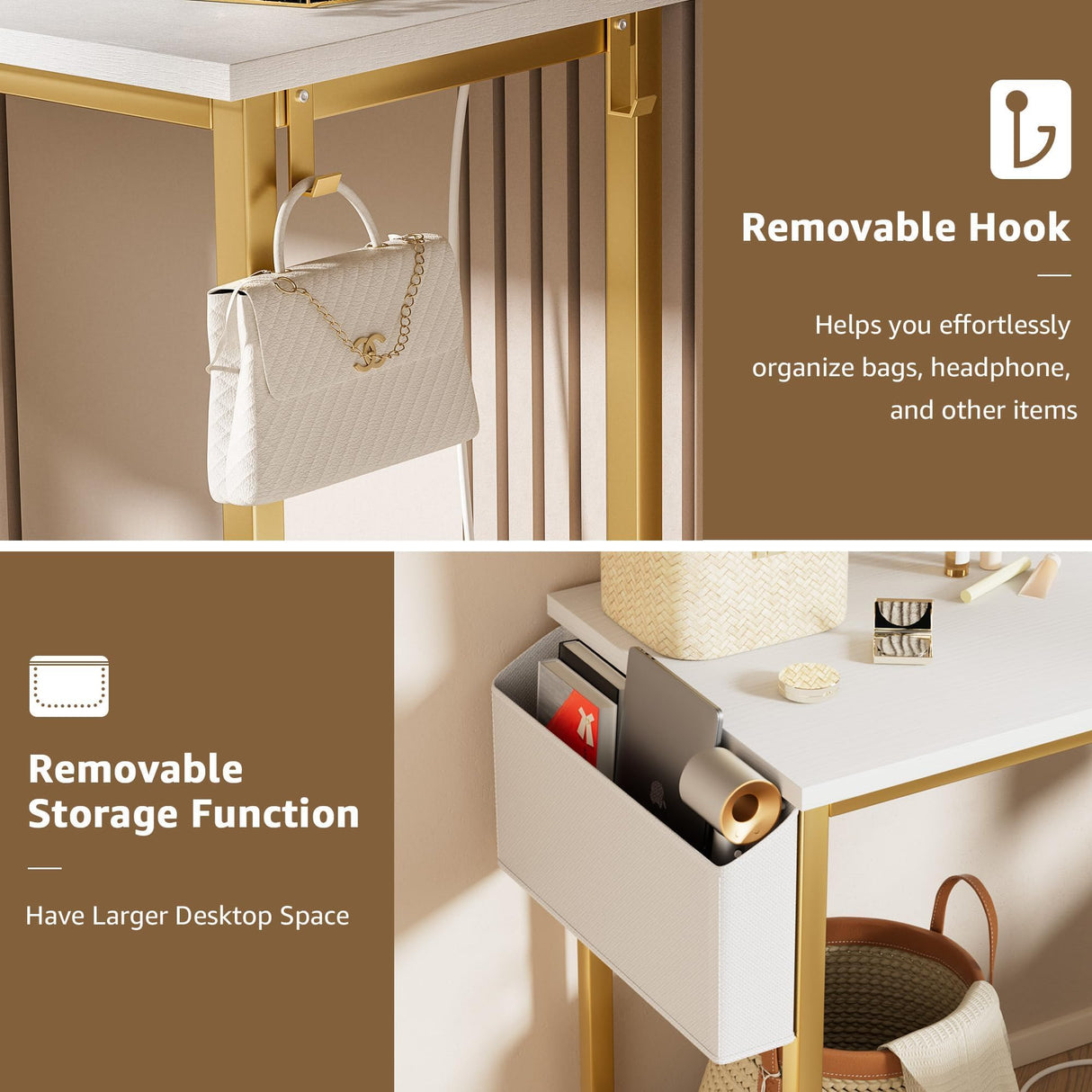 KAI-ROAD Makeup Vanity Desk with Mirror and Lights - Small White Gold Vanity Table with Chair, Power Outlet, Modern Make Up Vanitys Desks Set, Dressing Table for Girls Bedroom KAI-ROAD