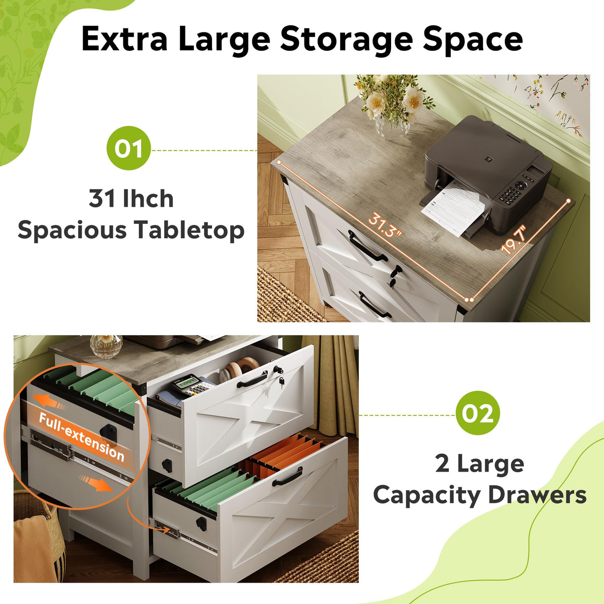 DEVAISE 2 Drawer Farmhouse File Cabinet with Lock, Leteral Filing Cabinet for Letter/Legal/A4 Size, Wood Storage Cabinet for Home Office, White DEVAISE