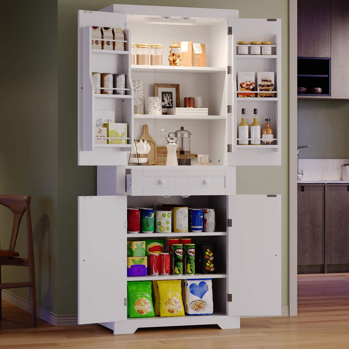 Bestier Pantry Cabinet, 72" Tall Kitchen Cabinet with Doors, 2 Adjustable Shelves & 1 Drawer, Kitchen Storage Cabinets with Motion Sensor Light, Freestanding Cupboards for Dining Room, Bathroom, White Bestier