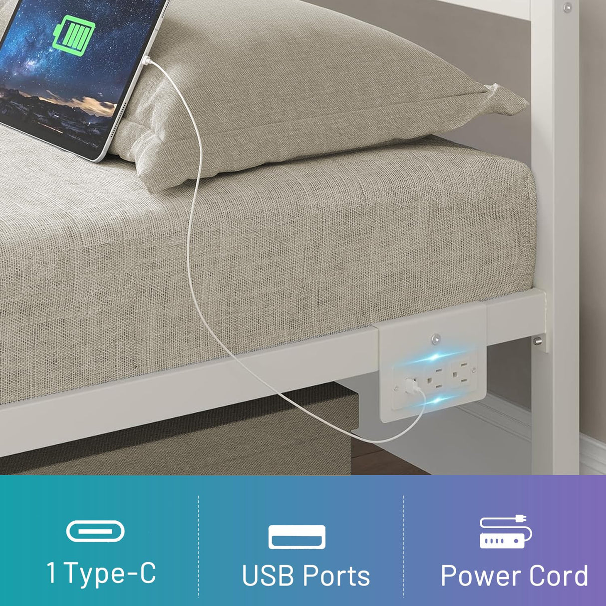 CLIBFENG Full Size Bed Frame with Headboard,Heavy Duty Steel Slats Support-LED Bed Frame with USB Charging Station,Metal Platform Bed Frame-Under Bed Storage, No Box Spring Needed, Noise Free,White CLIBFENG