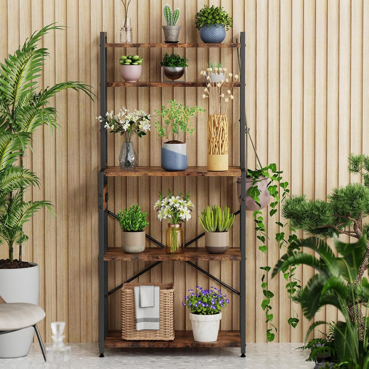 Amosic Kitchen Bakers Rack with Power Outlet, 5 Tiers Coffee Bar Table, Kitchen Microwave Stand with 6 S-shaped Hooks, Kitchen Storage Shelf Rack for Spices, Pots, Rustic Brown Amosic