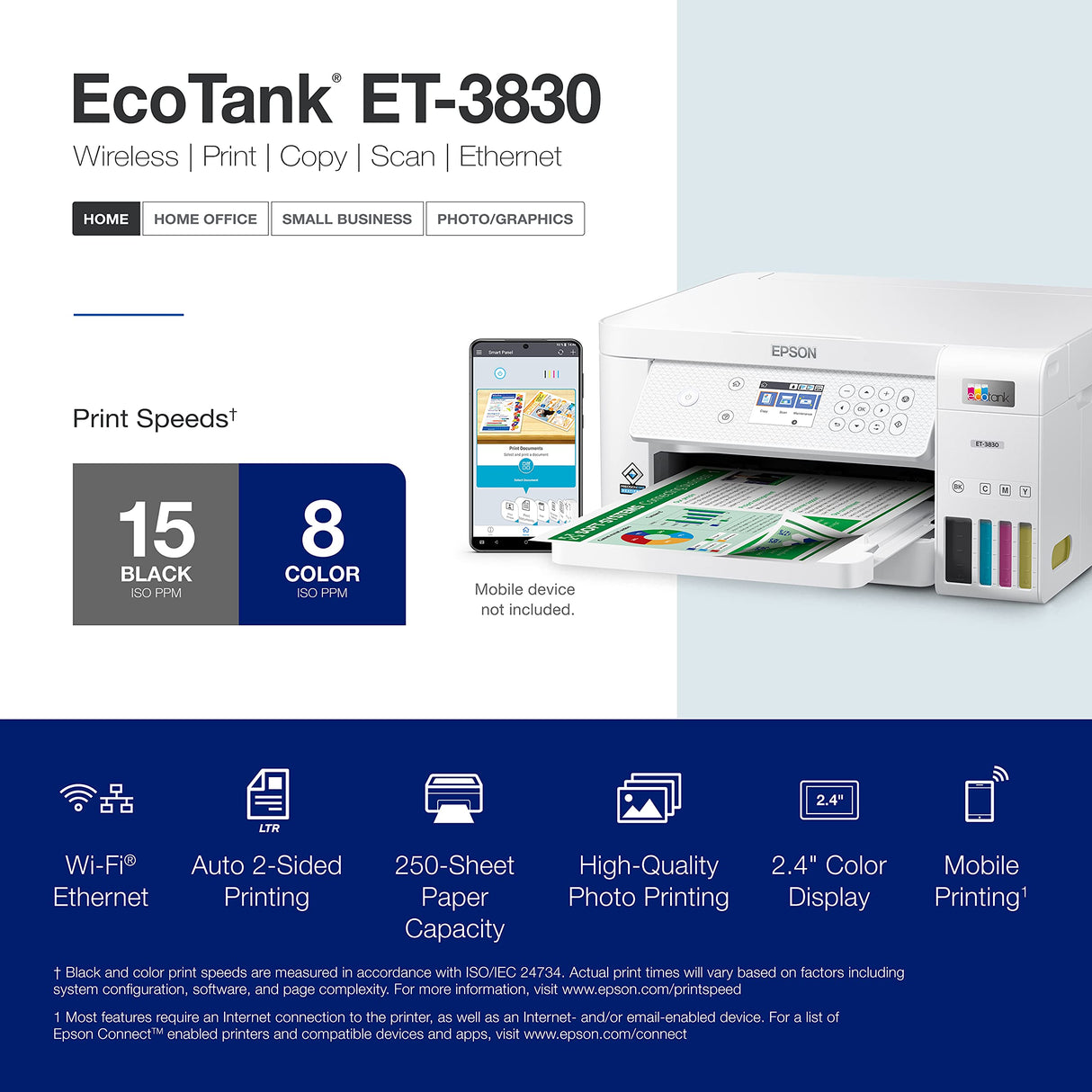 Epson EcoTank ET-3830 Wireless Color All-in-One Cartridge-Free Supertank Printer with Scan, Copy, Auto 2-Sided Printing and Ethernet – The Perfect Printer Productive Families,White Epson