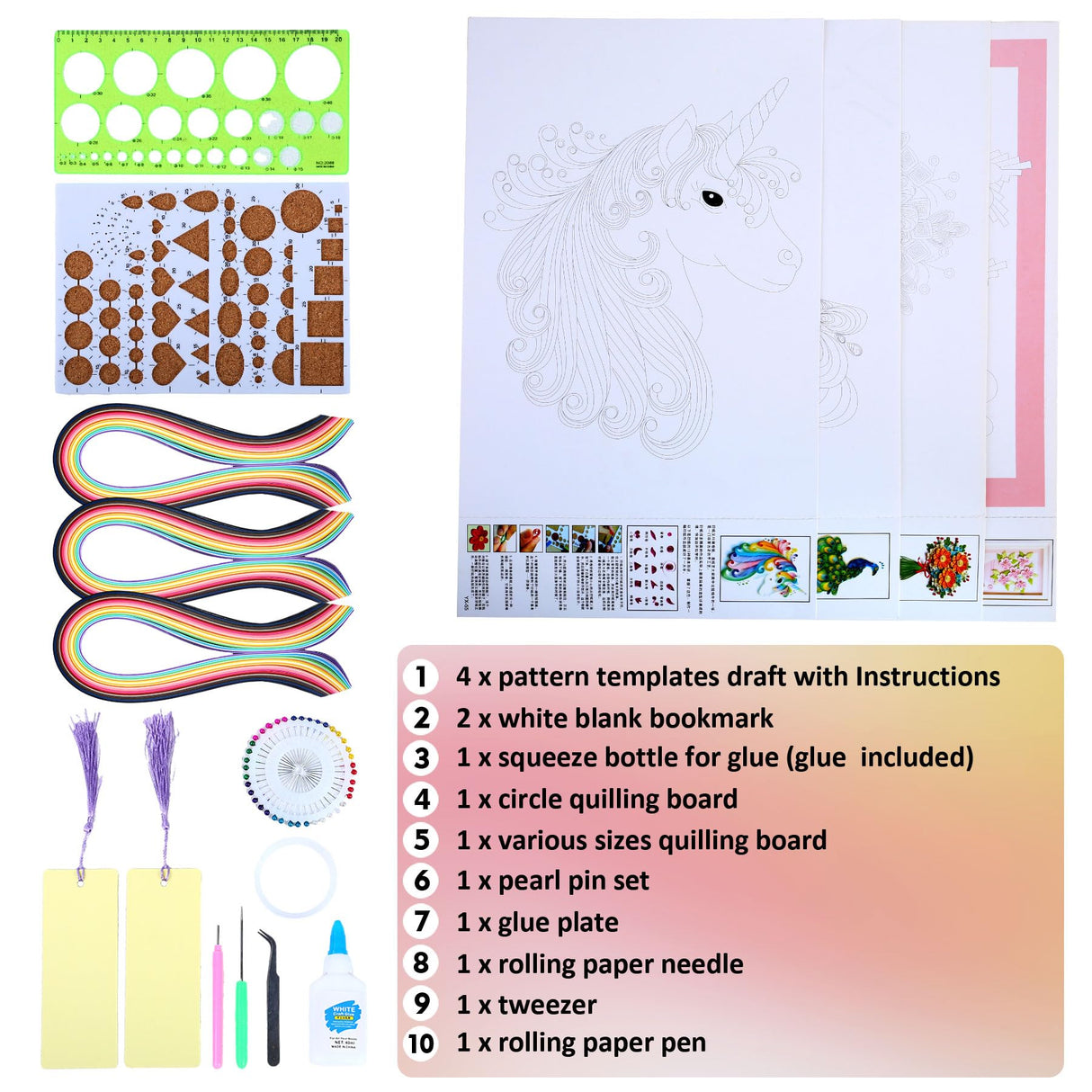 Paper Quilling Kit - Paper Quilling Kit For Beginner Adults, Paper Quilling Set with Quilling Paper Strips 5mm, Filigree Paper Tools, 4 Quilling Patterns Flowers,Peacock,Unicon DIY Craft for Kids Ohmique