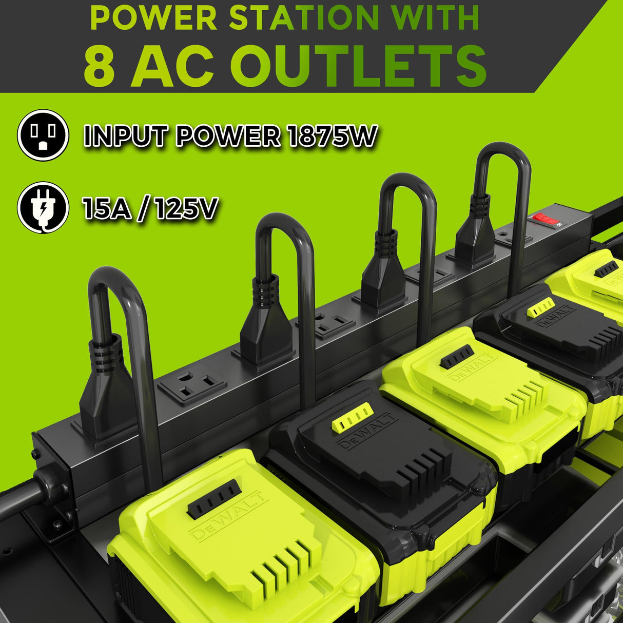 Large Power Tool Organizer Wall Mount with Charging Station, 8 Outlet Power Strip, 4 Layers 8 Drill Holder Heavy Duty Metal Tool Storage Loads 420lbs with Screwdriver Holder, Utility Racks for Garage CFMASTER