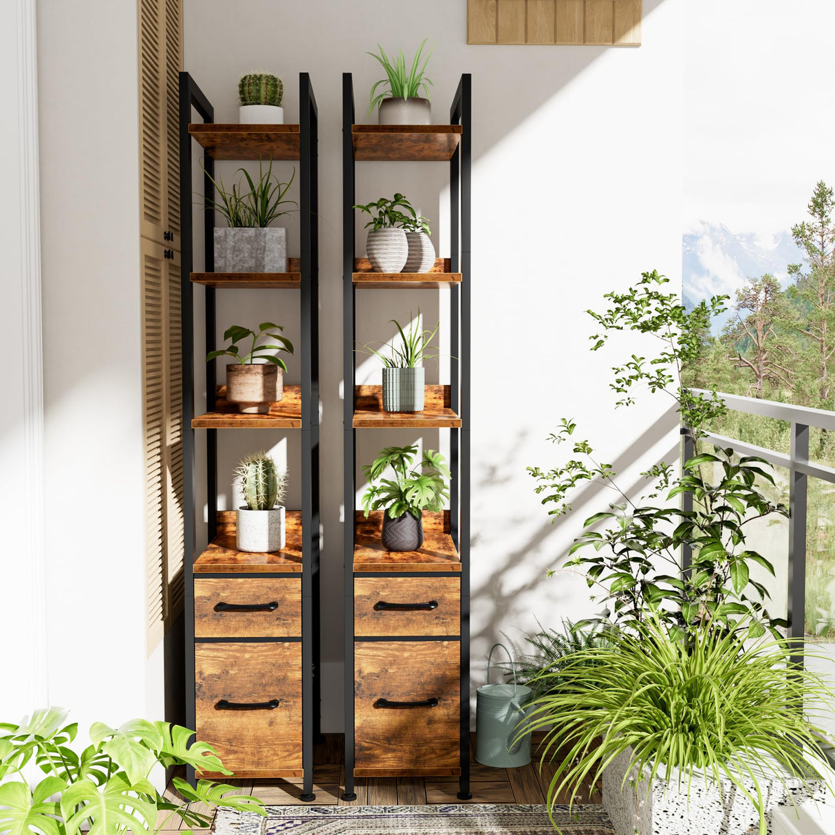 KLUVIS Skinny Bookshelf for Small Spaces - 5 Tier Thin Book Shelf with Storage Drawers Narrow Shelves Slim Bookshelves 2 Fabric Drawer 60 inch Tall, Farmhouse Brown (03BN) KLUVIS