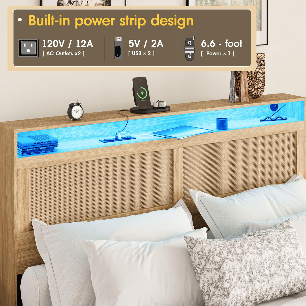 Fameill Boho Full Bed Frame with LED Lighting, Rattan Storage Headboard & 4 Drawers Fameill