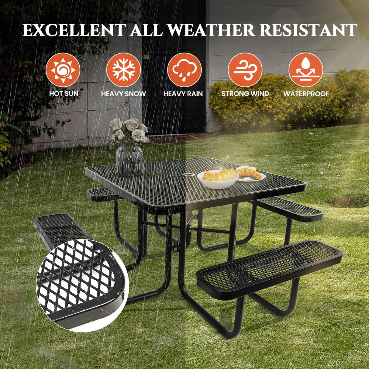 47'' Heavy-Duty Metal Picnic Tables with Umbrella Hole, Outdoor Steel Heavy Duty Commercial Grade Black Table, Outdoor Bench Set for Lawn, Patio, Park, Yard, Garden, Porch (Set A, Square) Yorkgargen
