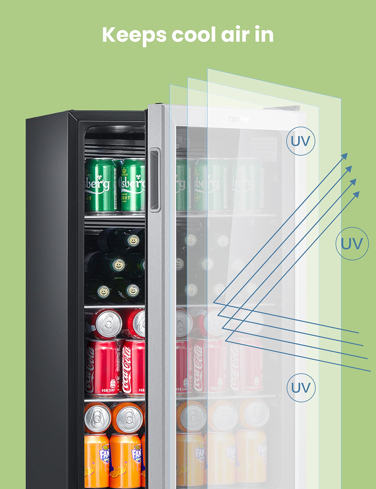 COMFEE' CRV115TAST Cooler, 115 Cans Beverage Refrigerator, Adjustable Thermostat, Glass Door With Stainless Steel Frame, Reversible Hinge Door And Legs For Home, Apartment COMFEE'
