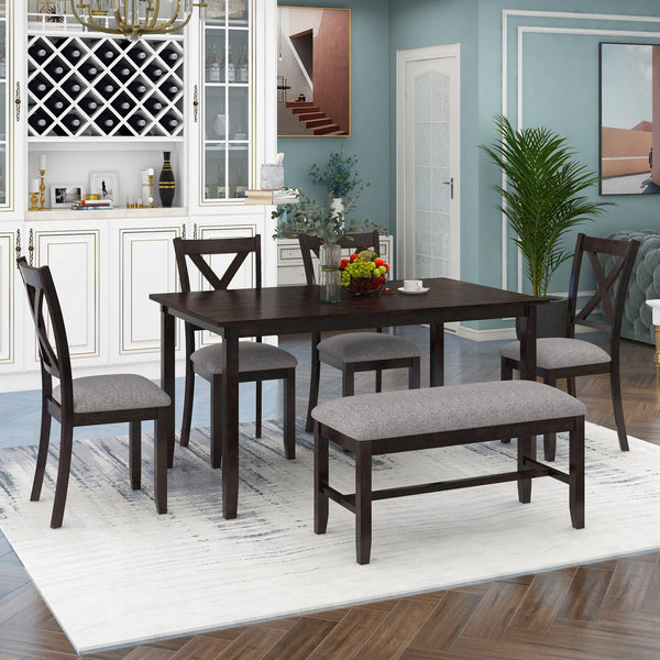 Merax 6-Piece Wooden Kitchen Dining Table Set with 4 Fabric Chairs and ...