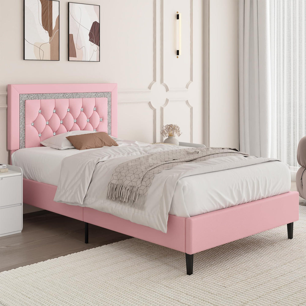 BarnFurin Twin Bed Frame with Tufted Button Headboard, Upholstered Platform Bed Frame with Diamond Design, Wood Slat Support, No Box Spring Needed, Easy Assembly, Pink BarnFurin